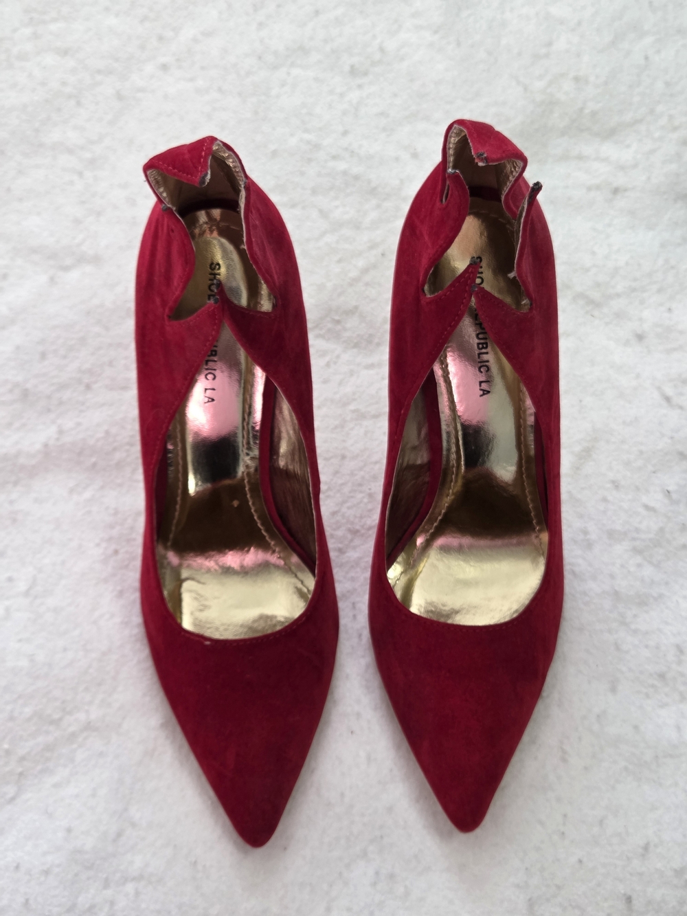 Shoe Republic LA Red Velvet Flame Cutout Pointed Toe Stiletto Pumps